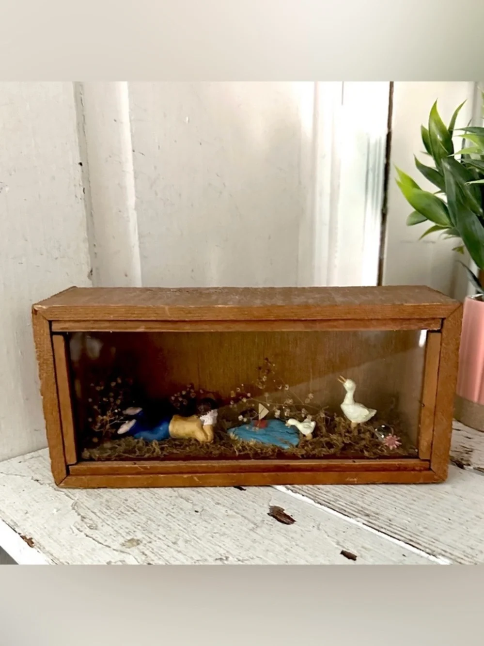 Vintage Boy at a Pond with Ducks Sailboat Diorama Antique Wood Wall Hang Decor